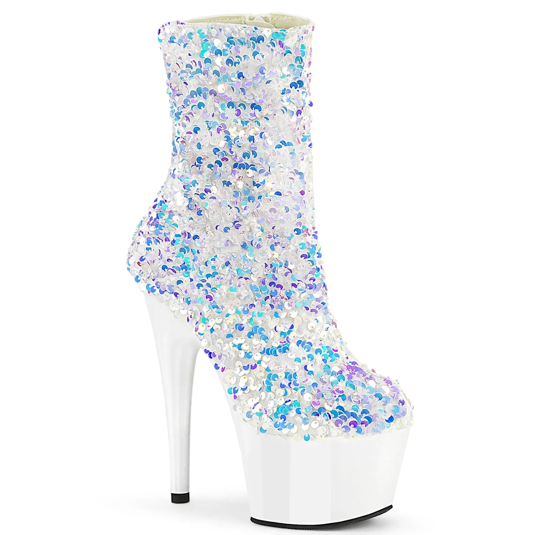 Women's White Sequin Embroidery Ankle Boots, 7-in Stiletto Heel with 2.75-in Platform, Side Zip Footwear for Performances and Stage Wear
