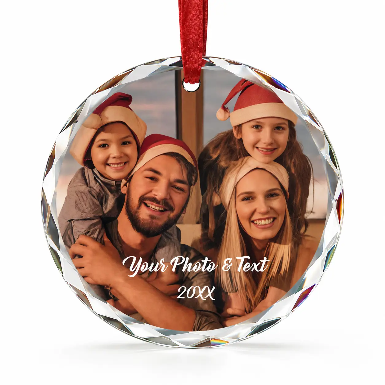 Personalized Crystal Photo Ornament Custom Round Hanging Keepsake with Name & Year | 6cm Family Christmas Tree Decor Gift