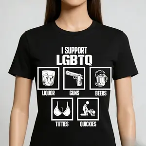 Basic Tee Club I Support LGBTQ Liquor Guns Beers Titties Quickies Tee Funny Meme Cotton Unisex Crew Neck Tshirt for Daily Wear Gift for Everyone - Top, Womenswear