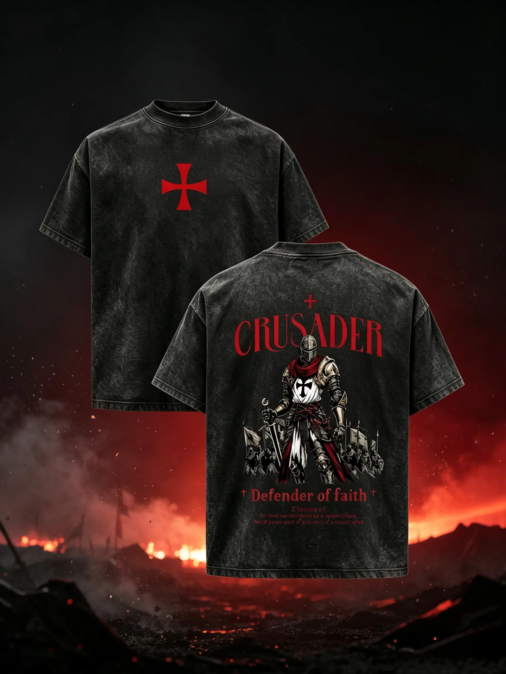 Unisex Menswear Vintage Acid Wash Oversized Short-Sleeve Round Neck Cotton T-Shirt - Black Distressed, Front Red Templar Cross, Back Crusader Warrior Bible Verse Graphic - Christian Medieval Tops Gift for Faith Gothic Streetwear Fans