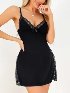 Elegant Lace Women's Nightgown - V-neck, Backless Side Slit Suspender Pajamas, All Season Comfortable, Intimate Clothing, V-neck Pajamas, Smooth Fabric