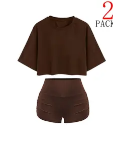 Women's Fitness Shorts Set, Elastic Waistband Design, Pure Color Printed Style, Ideal for Gym & Daily Wear, Comfortable Sportswear, Workout Sets, Workout Gym Clothing