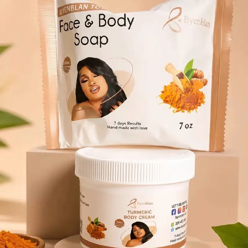 Grimèl Dyòl Nwè Turmeric Face Care Set - 7oz Exfoliating Soap, 8oz Repairing Moisturizing Smoothing Cream (1 Soap + 1 Cream)
