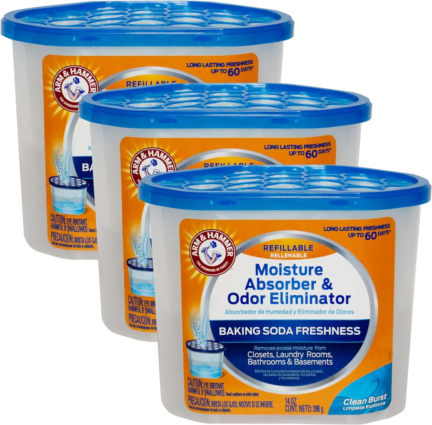 Arm & Hammer Clean Burst Moisture Absorber and Odor Eliminator Tubs, 14 oz., 3 Pack, Attract and Trap Excess Moisture, Eliminate Musty Odors, Convenient and Effective