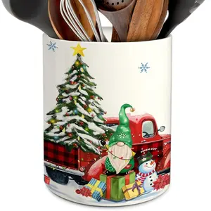 Christmas Kitchen Decor Ceramic Utensil Holder, Cute Christmas Gnome Truck Utensils Holder, Xmas Ceramic Utensils Crock for Rustic Farmhouse Indoor Kitchen Decorations(6.3 Inches)