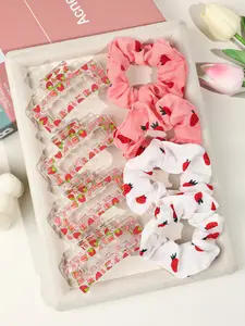 8 Pack Sweet Strawberry Printed Fabric Hair Accessories Set A variety of hair rings Hairpin combination Selection of high quality stretch fabric for comfortable wearing not tight Daily all-match embellished hairstyle