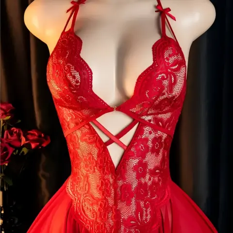 Women's Classic Sexy Lingerie Christmas, Womenswear, Lace Babydoll Lingerie, Lingerie Lace Nightwear, Lace Trim Design, Wing Effect Skirt, Single Piece Underwear for Romantic Nights, Fit