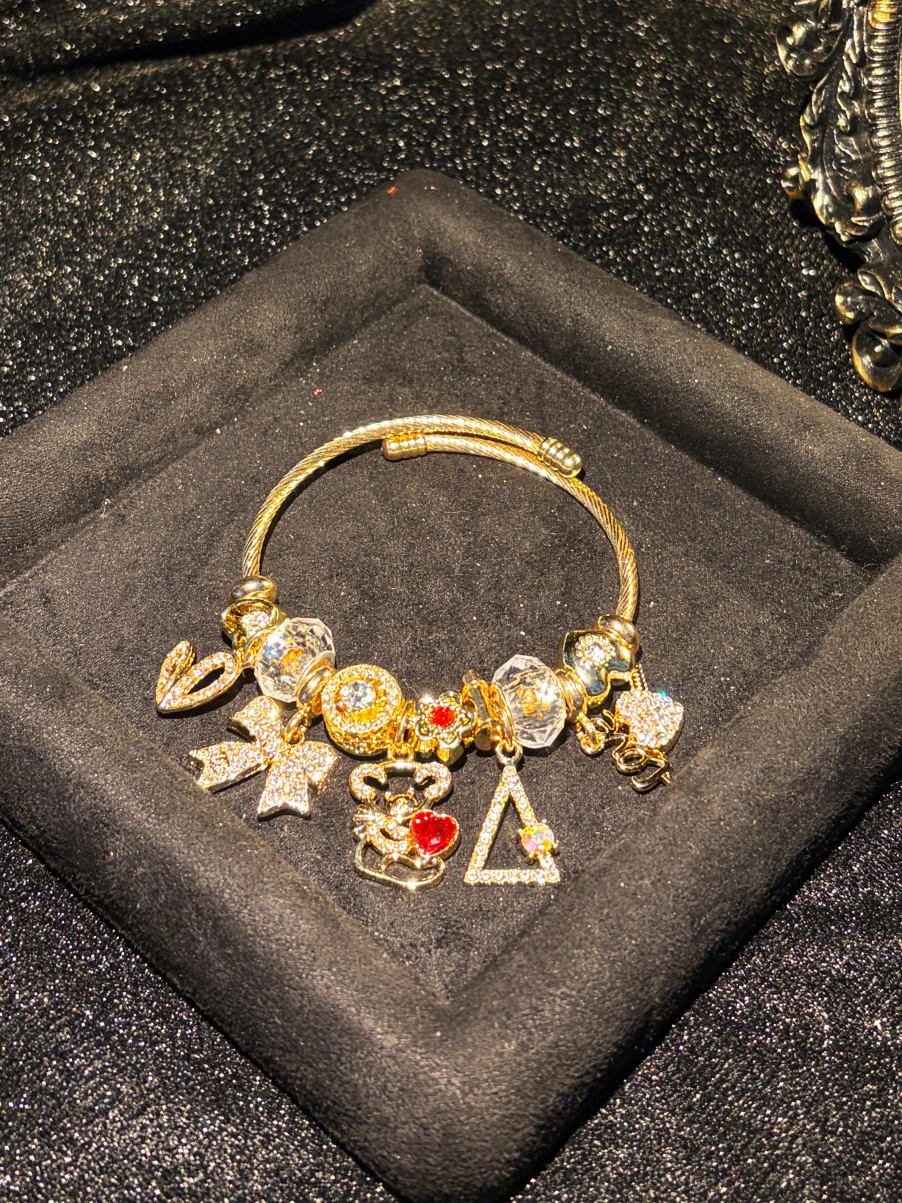 Sparkly Gold‑Tone Multi‑Charm Open Cuff Bangle, Bow Bear Triangle Heart Crystal Charm Bangle, Adjustable Fashion Jewelry Gift For Ladies