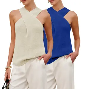 Buenoble Womens Cross Front Halter Knit Tank Top – Sleeveless Ribbed Summer Blouse Casual Elegant Slim Fit Tops