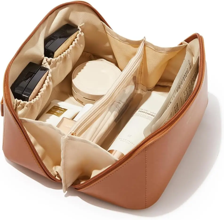 Large Capacity Travel Makeup Bag for Women - Waterproof PU Leather Cosmetic Organizer, Flat-Open Portable Toiletry Bag