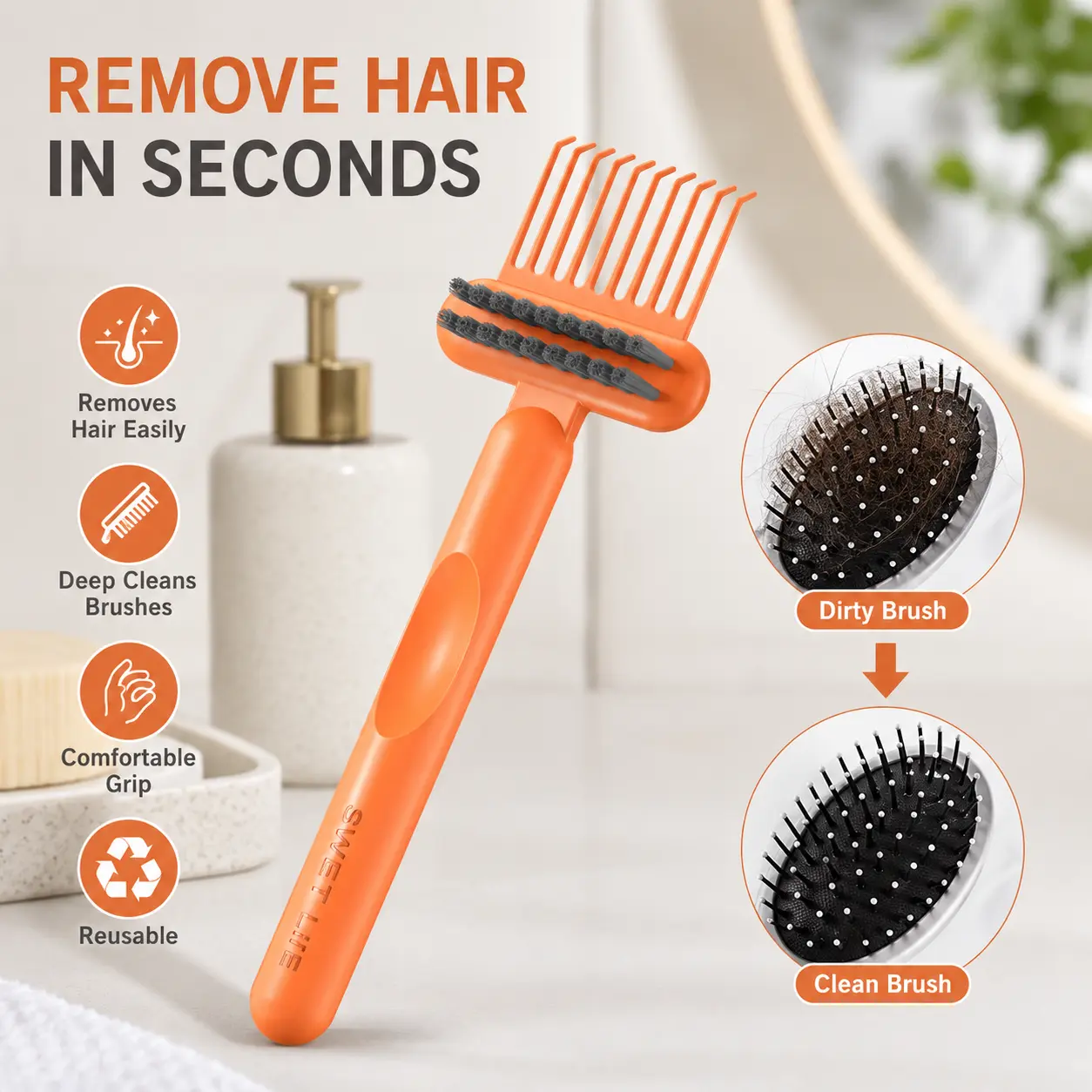 Hair Brush Cleaner Tool, 2-in-1 Hair Brush Cleaning Comb with Cleaning Bristles, Removes Trapped Hair & Build-Up, Reusable Brush Cleaning Tool for Paddle, Vent & Round Brushes