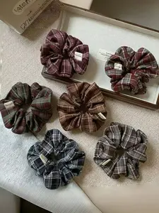 6 Piece Vintage Maroon Academy Style School Gingham Hair Ties, Punk Style Simple Versatile Plaid Hair Bands, New Fashion Headwear Accessories, Scrunchies