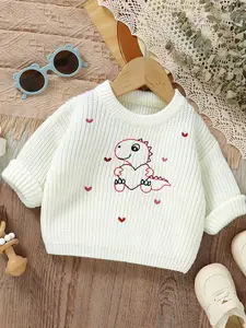 Cute Dinosaur & Heart Embroidery Long Sleeve Crew Neck Jumper, Embroidered Sweater, Casual Comfy Knitwear for Baby Boys & Girls, Newborn Infant Kids Clothes for Fall & Winter
