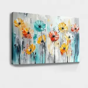 Blue Wall Art, Nature Colorful, Flowers, Field, Vibrant Colors - Botanical, Abstract, Expressive, Textured Style, Wall Decor Poster for Room, Wood Framed Canvas Painting Photo Ornaments Artwork Gifts 1pc Artistic Decoration