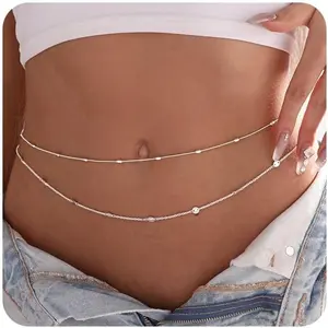 MIDEEO 2PCS 14K Silver Plated Waist Chain Pearl Belly Body Chain for Sexy Bikini Layered Adjustable Jewelry for Women