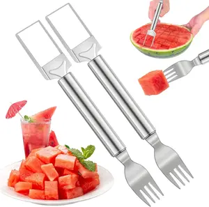 【2 Pack】Watermelon Fork Slicer,Watermelon CubeCutter Tool, 2-in-1 Stainless Steel Fruit Cutter, DualHead Fruit Forks Slicer Knife with Round Handle,FruitCutting Kitchen Utensils,Portable Modern #summervibes