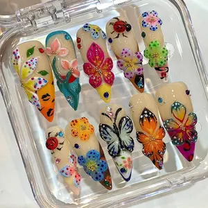Hand Painted Butterfly Press On Nails, 3D Floral Garden Nails, Nature Inspired Nails, Gel Faux Acrylic Nails, Reusable Full Cover Nails, Aesthetic Nail Set