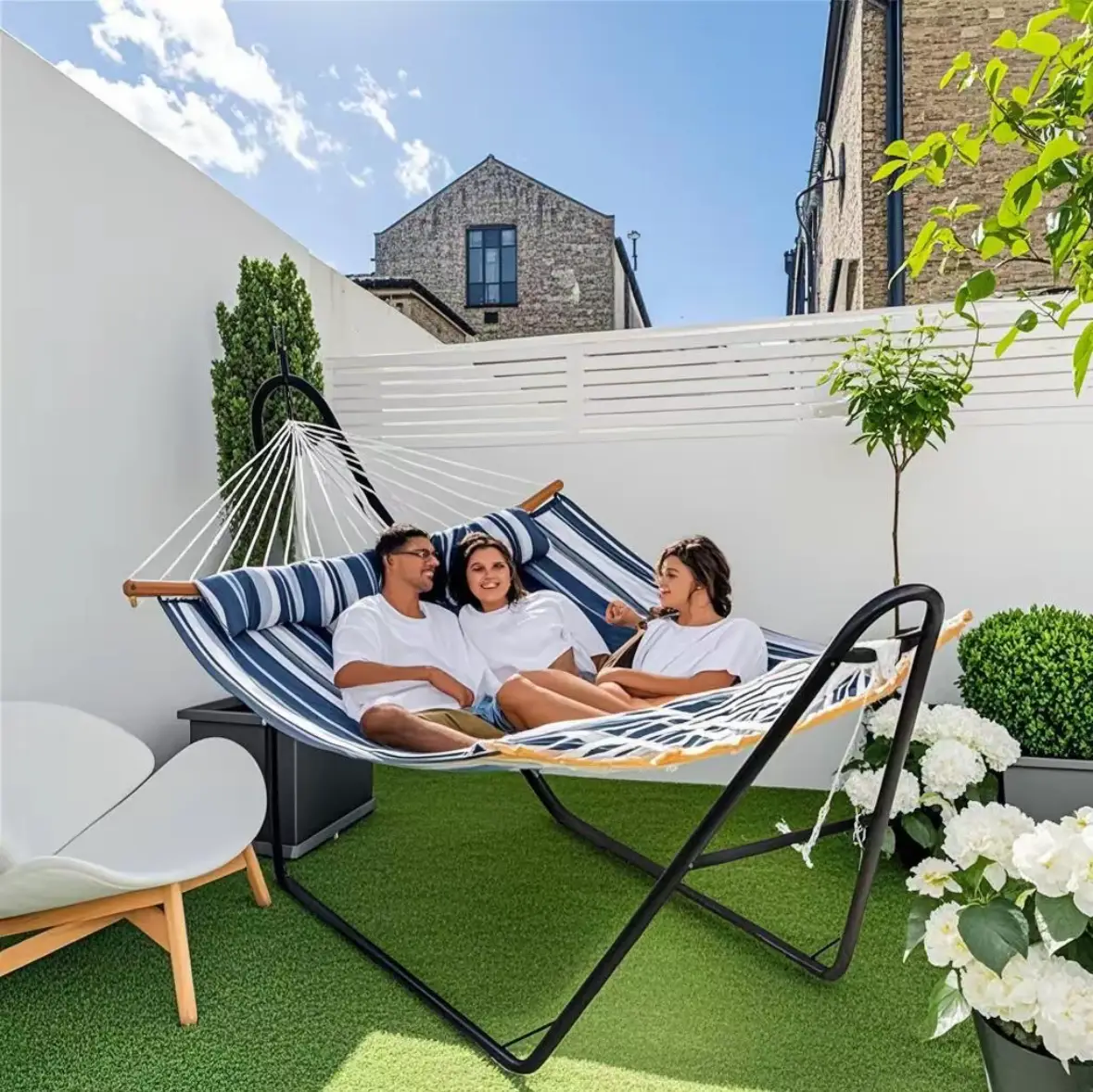 【2-3 People, Double Stand】Yaheetech Heavy-Duty 55in Hammock with Steel Stand, Padded Hammock for Outdoor Balconies/Porches/Patios/Decks/Backyards, 475