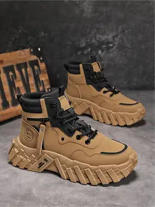 Men's Fashion Hiking Shoes | Khaki High-Top Thick-Sole Workwear Boots, Mechanical Sole & Multi-Functional Design, Tactical Hiking Boot, Non-Slip & Wear-Resistant & Breathable, Autumn/Winter New Style for Outdoor & Daily Commute
