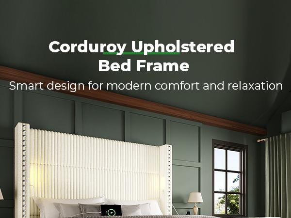 【Ships in 1 or 2 Packages】Wingback Bed Frame with Reading Lights, Corduroy Upholstered Headboard with USB Ports, Noise-Free Platform Bed Frame 1200 lbs Heavy Duty, Aesthetic Bedroom Decor Must Have Gift for Teen Girls Women,Summervibes