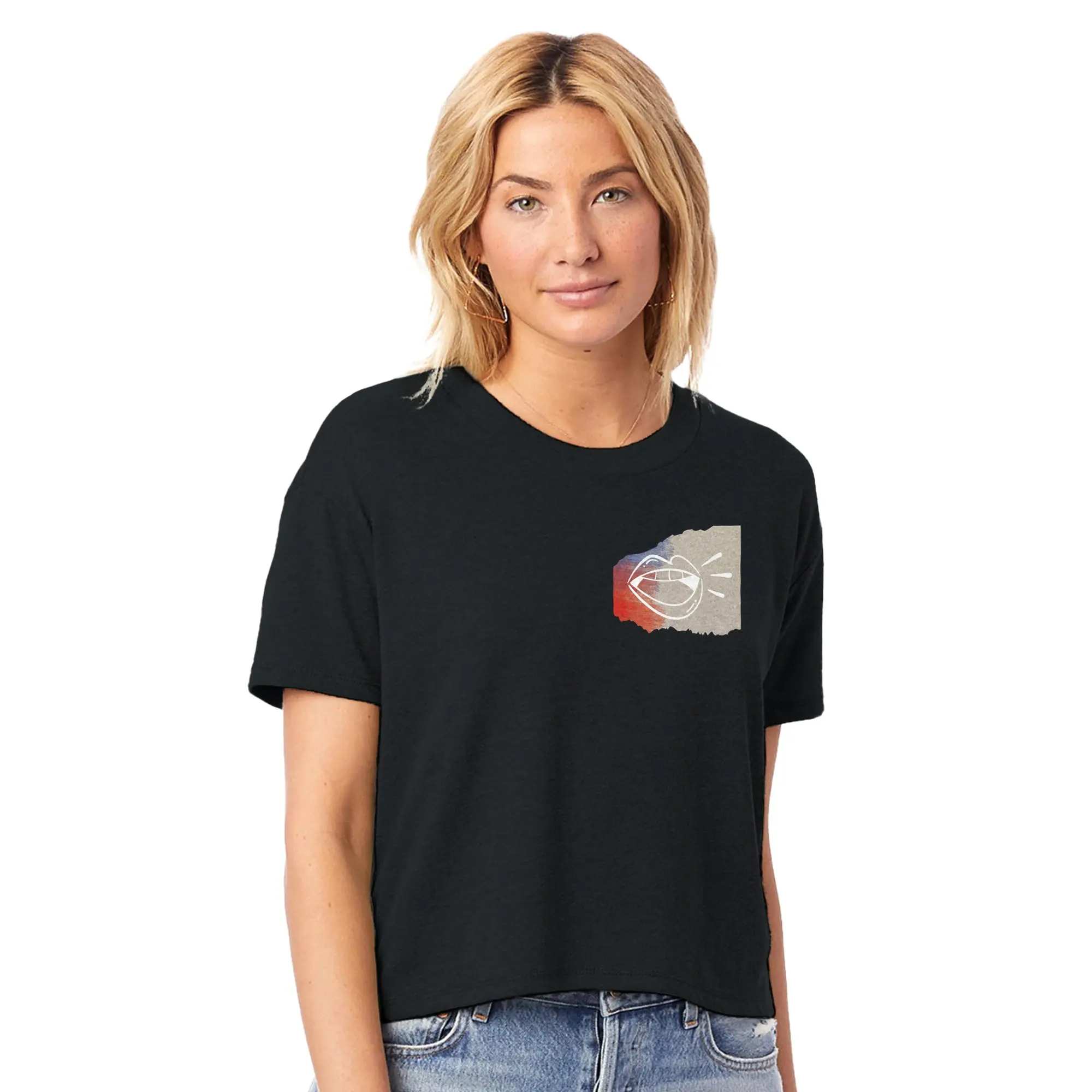 'Use Your Voice' Women's Cropped Crewneck T-Shirt Black Cotton Blend Lightweight Comfortable Ribbed Neckband Double-Needle Stitching