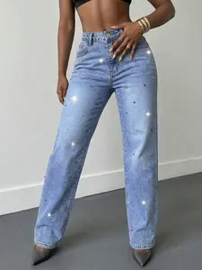 Chicsale Women's Rhinestone Embellished Straight Leg Jeans - Sparkly Bling Loose Fit Denim Pants With Crystal Details, Party Night Out & Date Night Outfits
