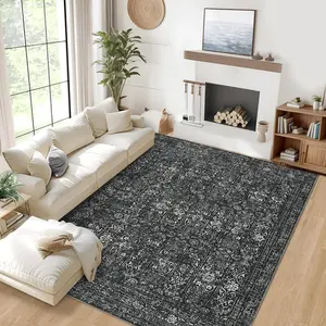 Oriental Distressed Floral Area Rug Machine Washable Carpet with Non-slip Backing Living Room Decor for Bedroom Dining Room Kitchen Office