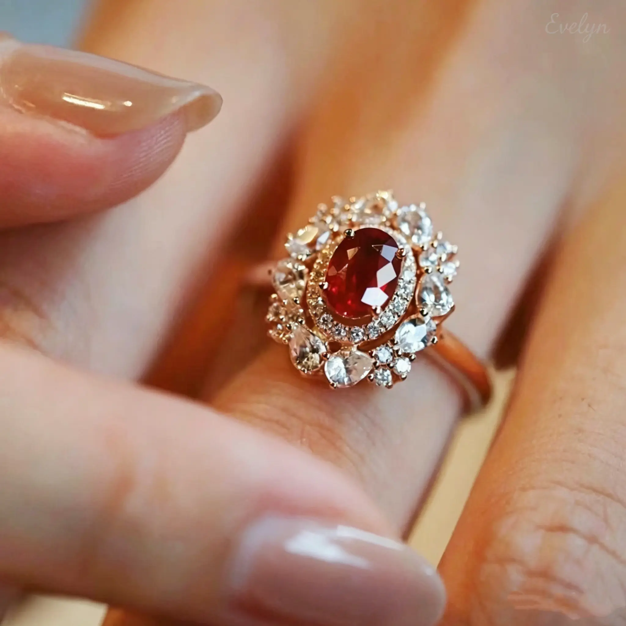 Oval Red Stone Double Halo Heart Rhinestone Statement Ring, Rose Gold Tone Floral Cluster Pave Band, Dainty Sparkly Finger Jewelry for Women Daily Date Party Everyday Wear