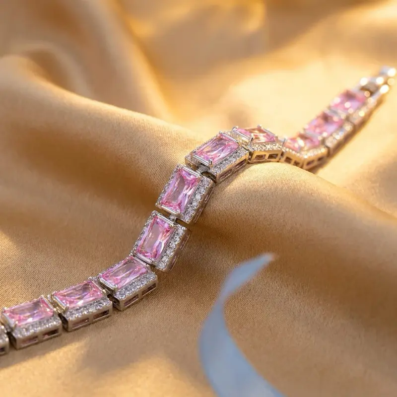 Silver-Plated Pink Grid Stackable Link Bracelet
