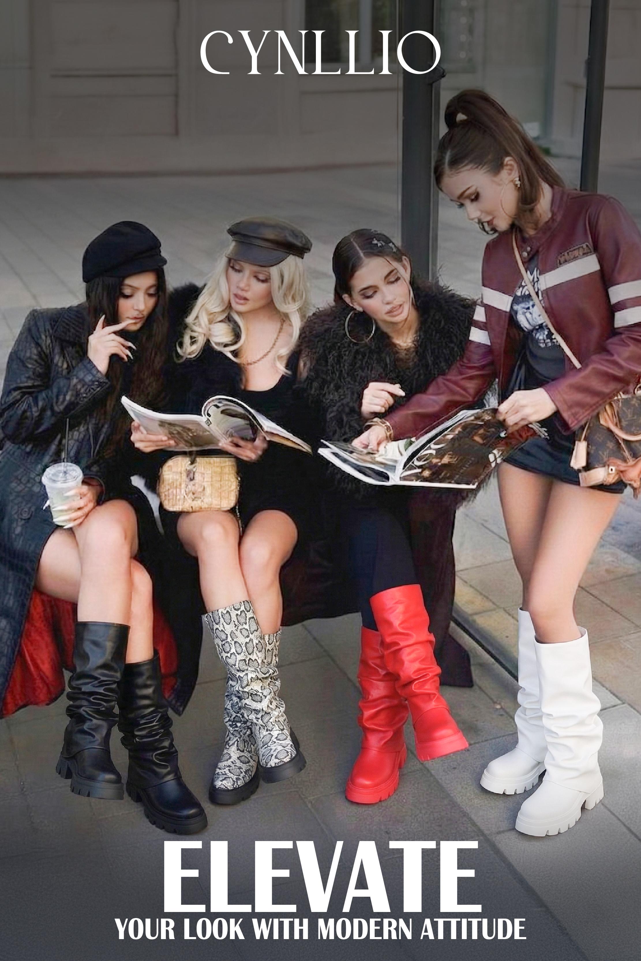 CYNLLIO Knee High Boots Women Slouchy Fold Over Boot Platform Boots Chunky High Heels Long Boots Round Toe Dress Spring Tall Boots for Women