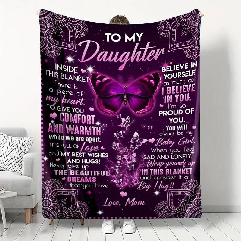 Letter & Butterfly Pattern Blanket, 1/2 Counts Soft Warm Throw Blanket, Air-conditioning Quilt, Napping Blanket for Home & Office, Gift for Daughter