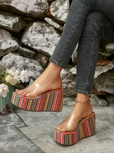 Fashionable Transparent Striped Band Design Platform Sandals, Stylish Platform Sandals for Women, Casual Versatile High Heel Sandals for Summer, Walking Shoes, Breathable Wedges Heels