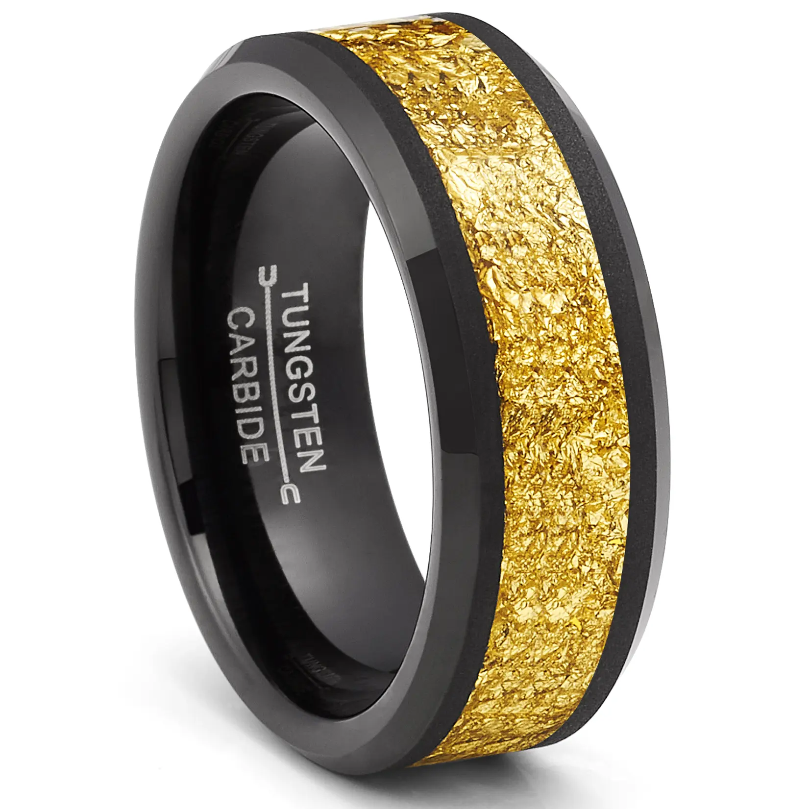 Men's 8MM Comfort-Fit Black Tungsten Carbide Engagement Wedding Band, Elegant Fashion Ring with Gold Nugget Flakes Inlay, Men's Accessories Gold Nugget Ring with Gift-Box