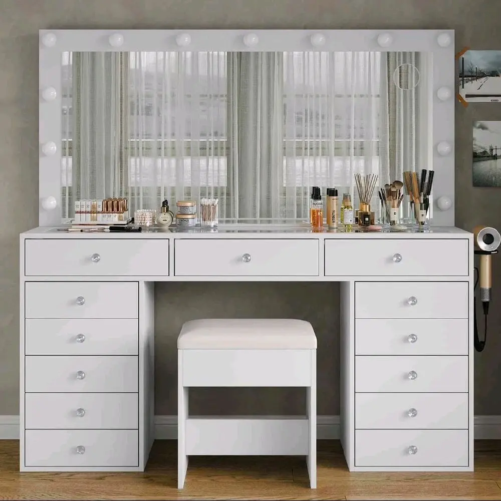 13-Drawer Vanity Dest with Mirror, 13 LED Bulbs, Glass Top & Power Outlet
