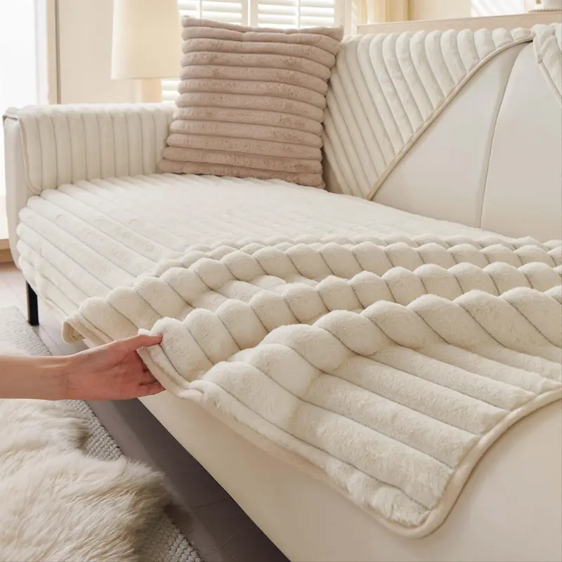 Solid Color Plush Sofa Cover, Dustproof Sofa Slipcover, 1 Count Non-slip Soft Sofa Protector, Warm & Thick Sofa Cover for Home Living Room Office Decoration, Washable Sofa Slipcover, Slipcovers For Couches And Sofas