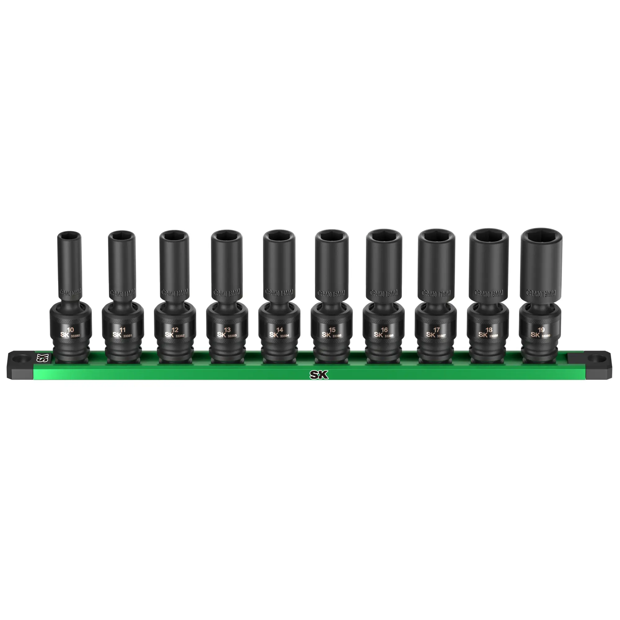 #fathersdaygift SK 3/8" Drive Universal Impact Socket Set, Deep Swivel Impact sockets, Metric, 10-Pack, 10-19 mm, Premium CR-MO Steel, SureGrip 6 Point Design, With Storage Rail