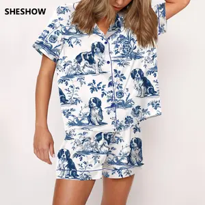 SHESHOW Cavalier King Charles Spaniel Silky Satin Pajama Set For Women Print Comfy Satin Sleepwear & Loungewear Pjs Printing Silky Top & Bottoms