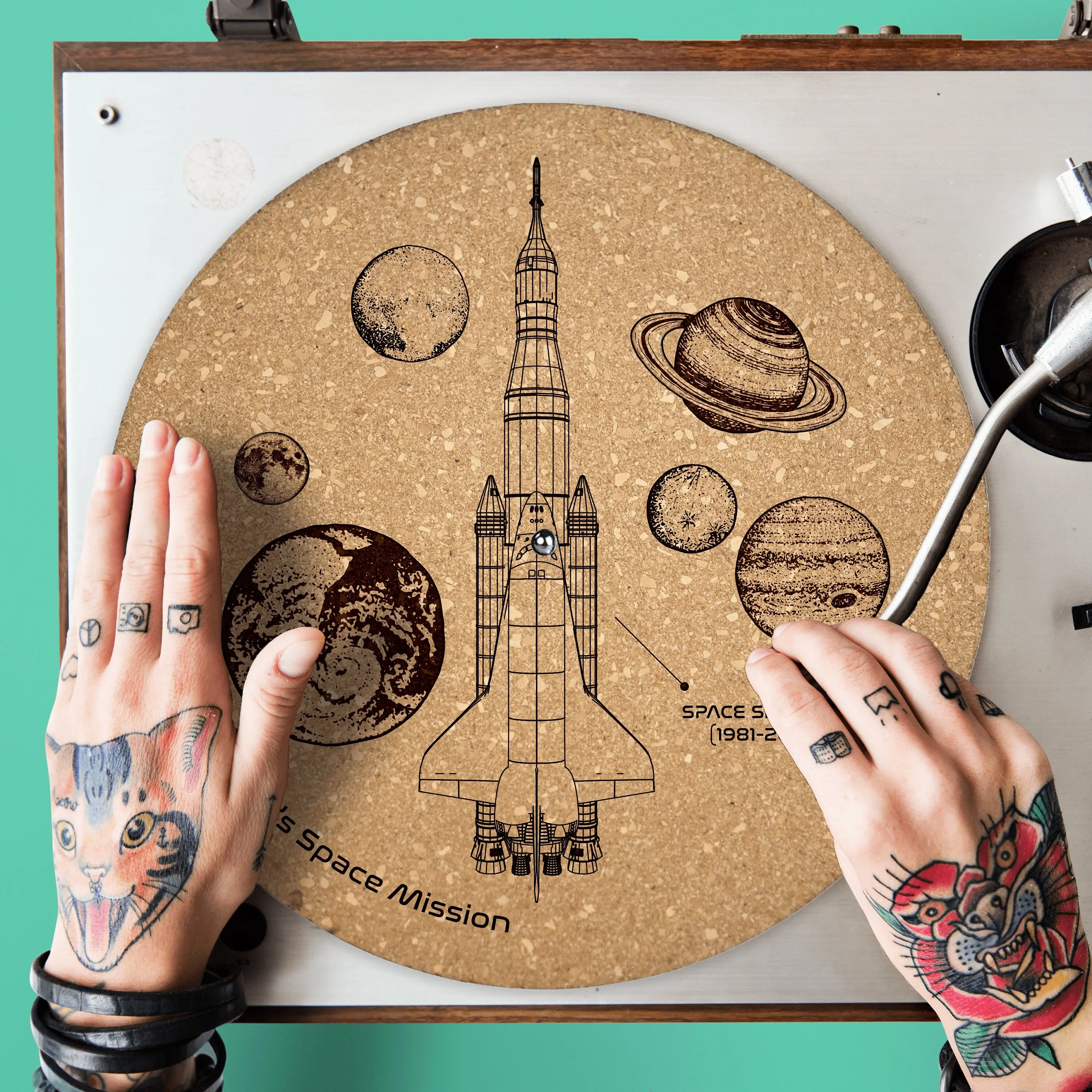 Space Rocket Cork Turntable Slipmat | Enhanced Static-Repellant Audiophile Vinyl Accessory | Quetzal Studio