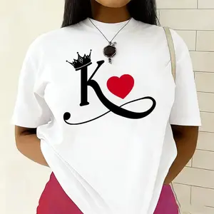 Monogram K T-Shirt, Crown & Heart Initial Graphic Tee, Personalized Casual Top