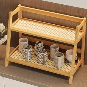 Bamboo 2 Tier Storage Shelf Trapezoidal Shelving Unit Bohemian Style Dorm Bedroom Office Kitchen Countertop Easy Assembly Space Saving Desktop Organizer Display Riser