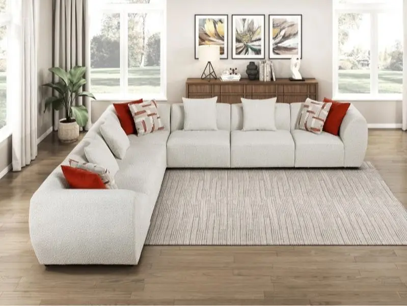 Homelegance 9669CN-7PC Beige Teddy Bear Boucle Upholstered L-Shape Traverse Sectional Sofa, Rounded Arms, Modular 7-Piece Living Room Indoor Furniture Set, Living Room Furniture