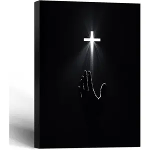 Framed Christian Wall Art Redemption Faith Poster Cross and Hands Black and White Canvas Print Religious Painting Jesus Picture Home Living Room Decor Ready to Hang Artwork Wood