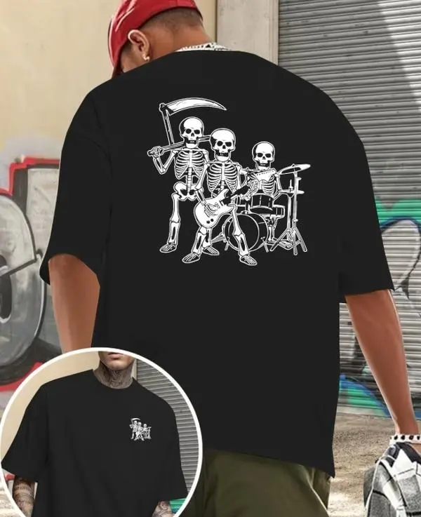 Men's Gothic Rock Band T-Shirt with Skull & Grim Reaper Double-Sided Print - Dark Texture Short Sleeve Tee Suitable for Daily Commute, Casual Wear, Concerts, Themed Events - Machine Washable Round Neck Rock Style Top, PLUS SIZE