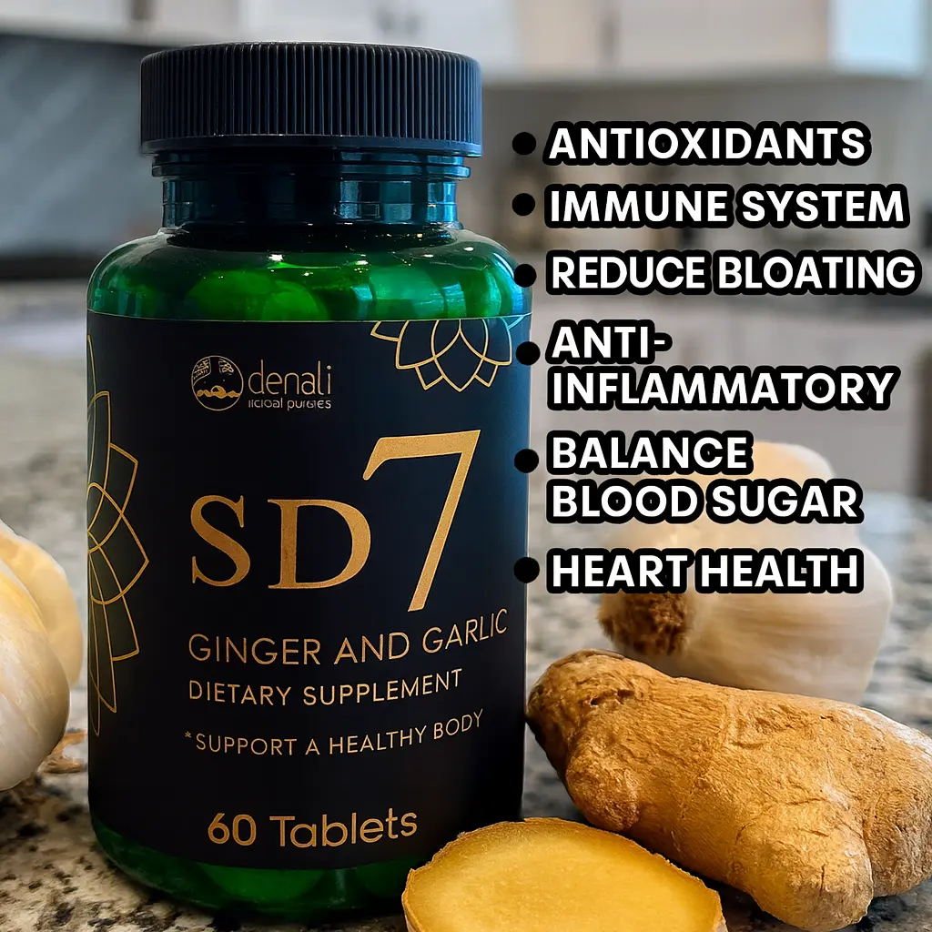 Denali Natural Products SD7 Ginger And Garlic Oral Tablets Antioxidants Help Reduce Free Radicals Immune System Support Reduce Bloating Cardiovascular Health Anti-Inflammatory Control Blood Sugar Digestion Support Nausea