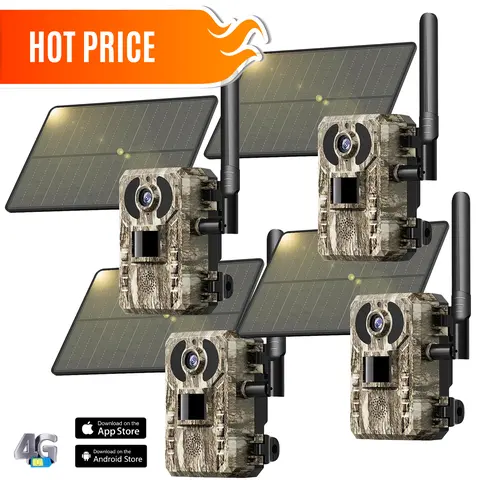 4G LTE Solar Powered Cellular Trail Camera with Solar Panel, Cordless High Camouflage Hunting Equipment for Farms & Cabins, 2.7K Live View, Remote Phone Access & Playback, 0.2s Motion Capture/Trigger Time, Night Vision, Built-in SIM Card, 128G Support