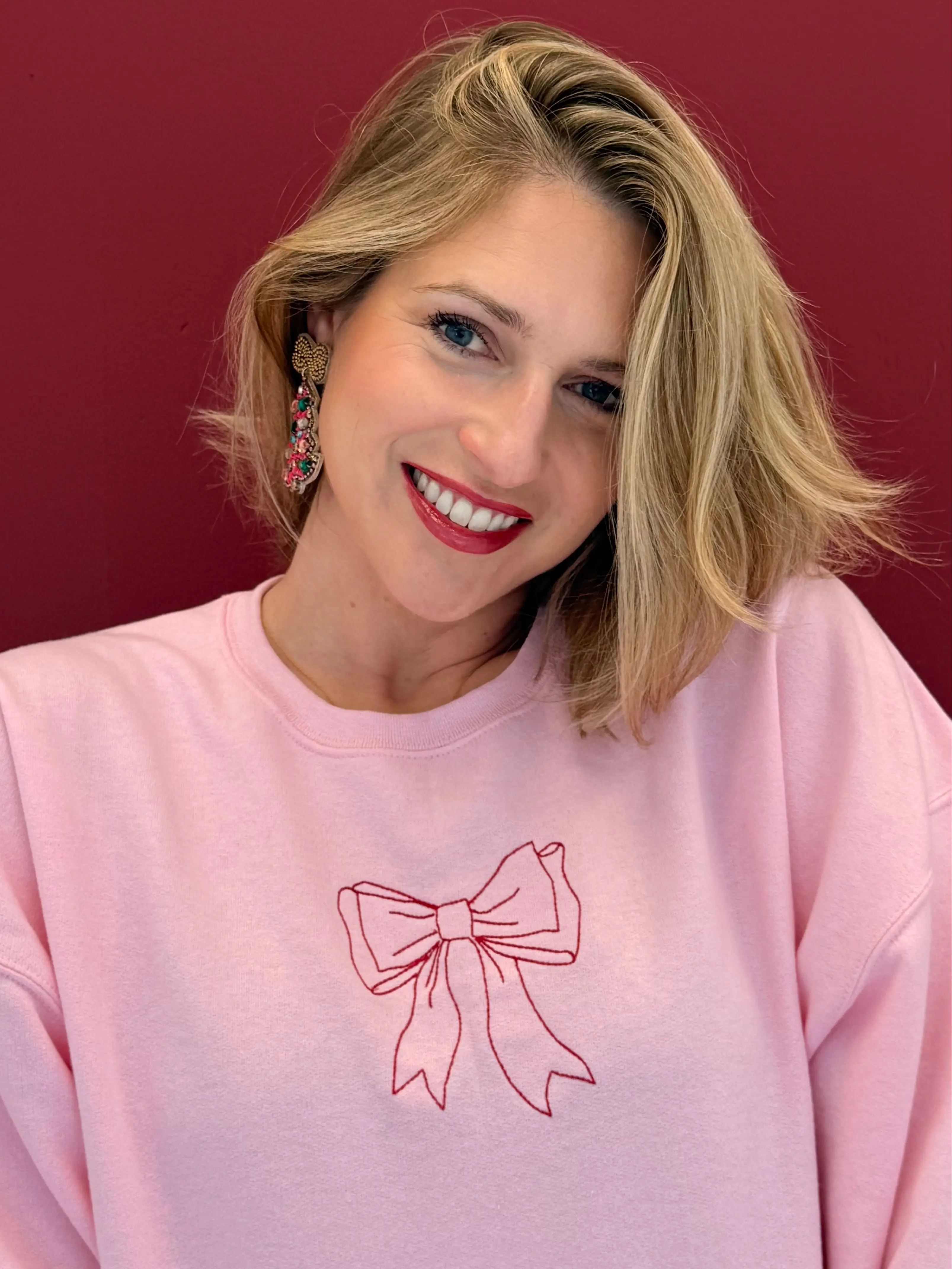 Women's Blush Pink Crewneck Sweatshirt - Ribbon Bow, Embroidered Bow Outline, Soft Fabric, Casual Style for Girls, Ladies, Everyday Wear & Gifting, Girl, Lady