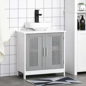 Under Sink Pedestal Storage Cabinet Grey White U-Shaped Design Adjustable Shelf 22 lbs Capacity MDF Build Space Saving Bathroom Organizer