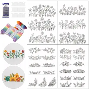 4 Pcs Embroidery Pattern Water Soluble Paper, Washable Floral Embroidery Stabilizer, DIY Clothing Bag Sewing Kit with Needles and Threads, Embroidery Design