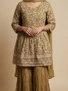 Olive Floral Embroidered Kurta & Sharara Set with Dupatta Festive Ethnic Outfit 3PS-2 Size XL Only