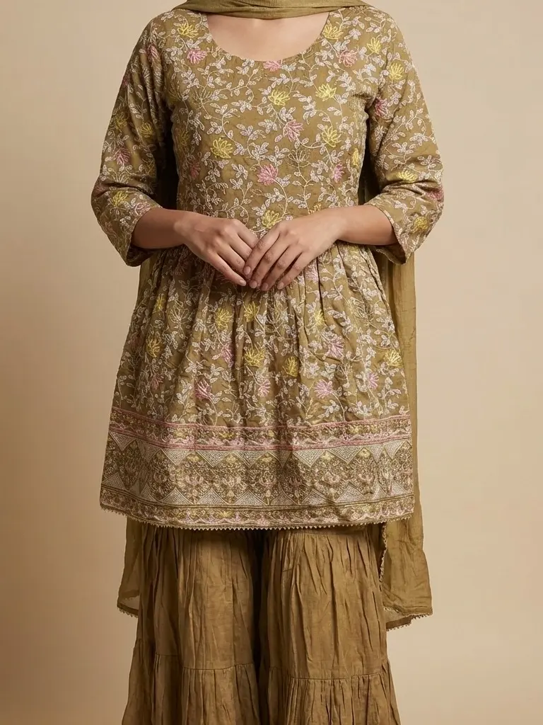 Olive Floral Embroidered Kurta & Sharara Set with Dupatta Festive Ethnic Outfit 3PS-2 Size XL Only